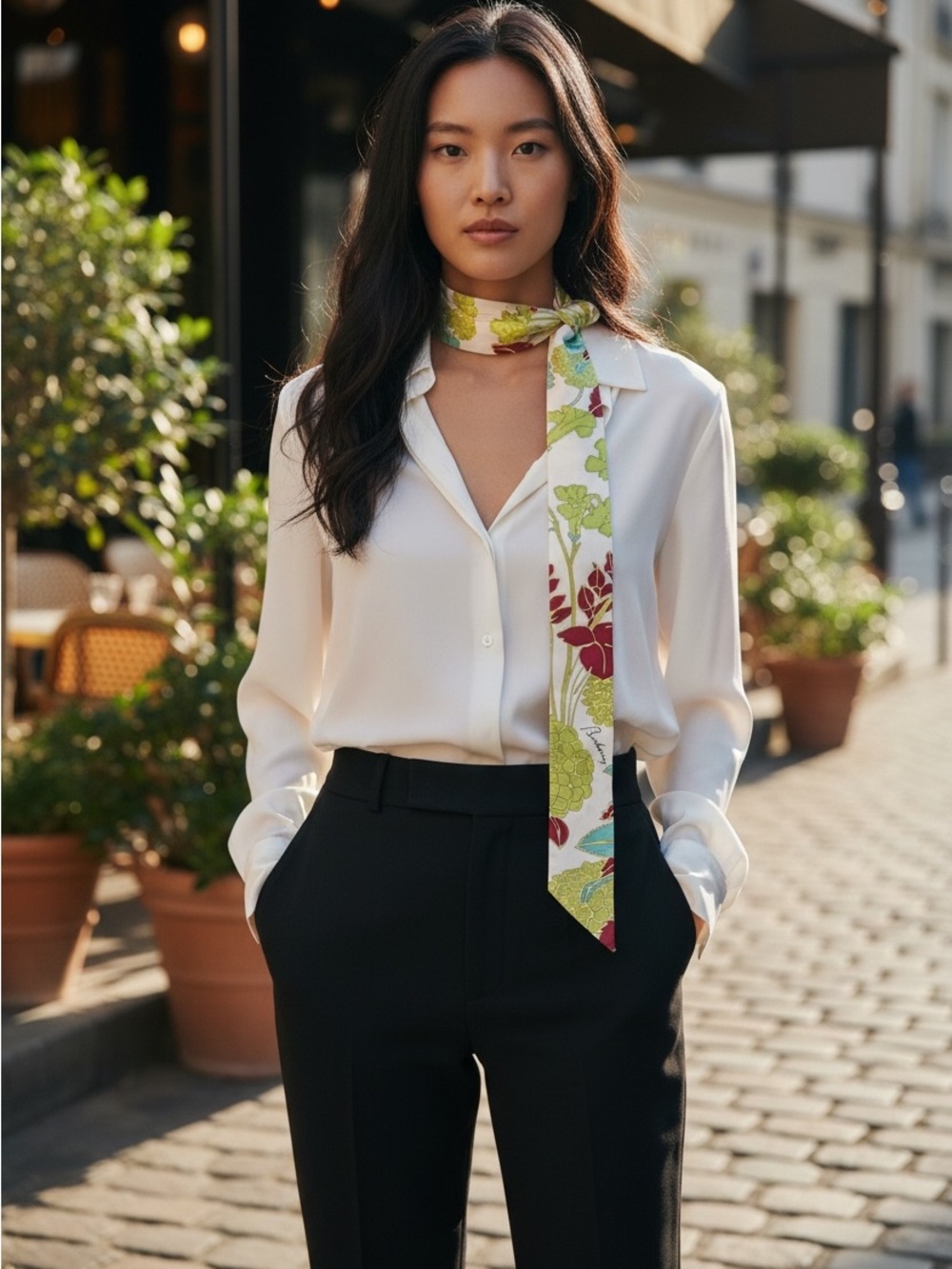 Burberry Floral long  twilly  Scarf in Green and Red and white floral